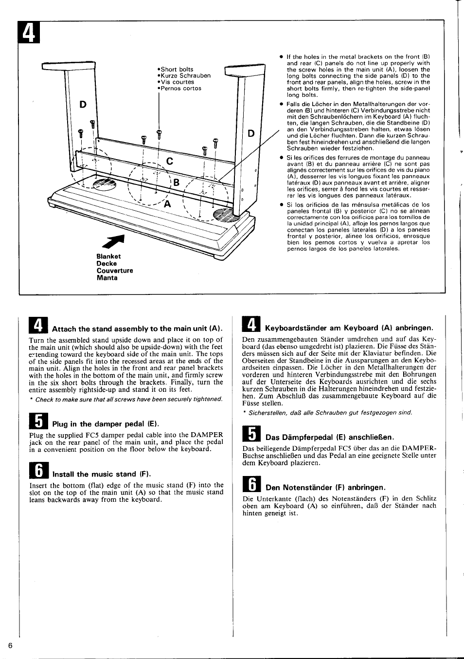 Attach the stand assembly to the main unit (a), Plug in the damper pedal (e), J install the music stand (f) | Keyboardständer am keyboard (a) anbringen, Das dämpferpedal (e) anschließen, Den notenständer (f) anbringen | Yamaha YP-40 User Manual | Page 8 / 27