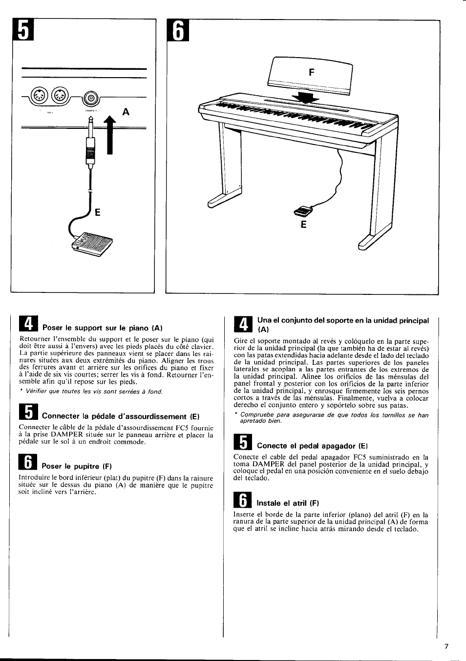 Poser le support sur le piano (a), Connecter la pédale d'assourdissement (e), Lb poser le pupitre (f) | Conecte el pedal apagador (e), Ijj instale el atril (f) | Yamaha YP-40 User Manual | Page 9 / 27