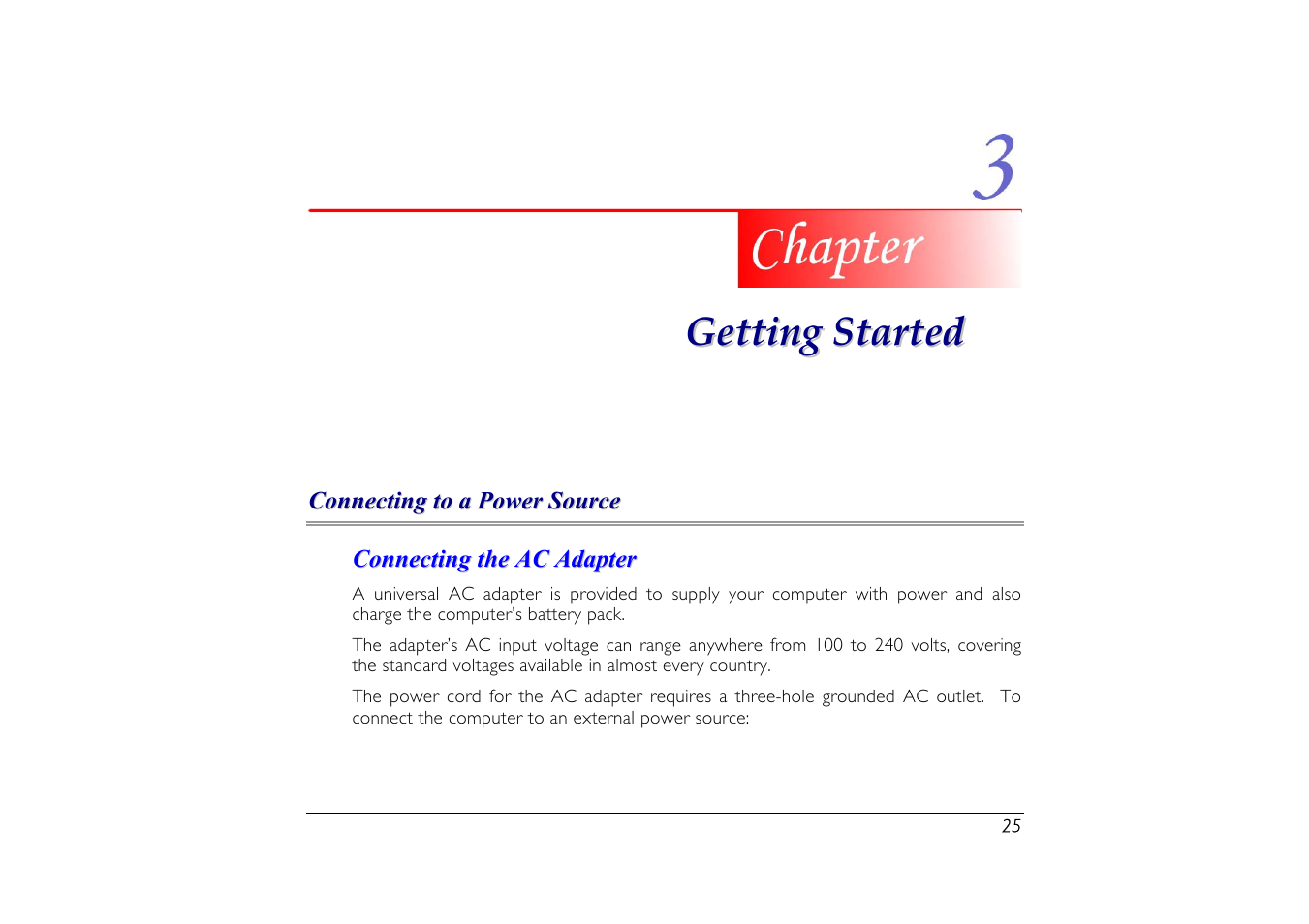 Connecting to a power source, Connecting the ac adapter, Chapter 3: getting started | Elitegroup G556/556E User Manual | Page 33 / 95