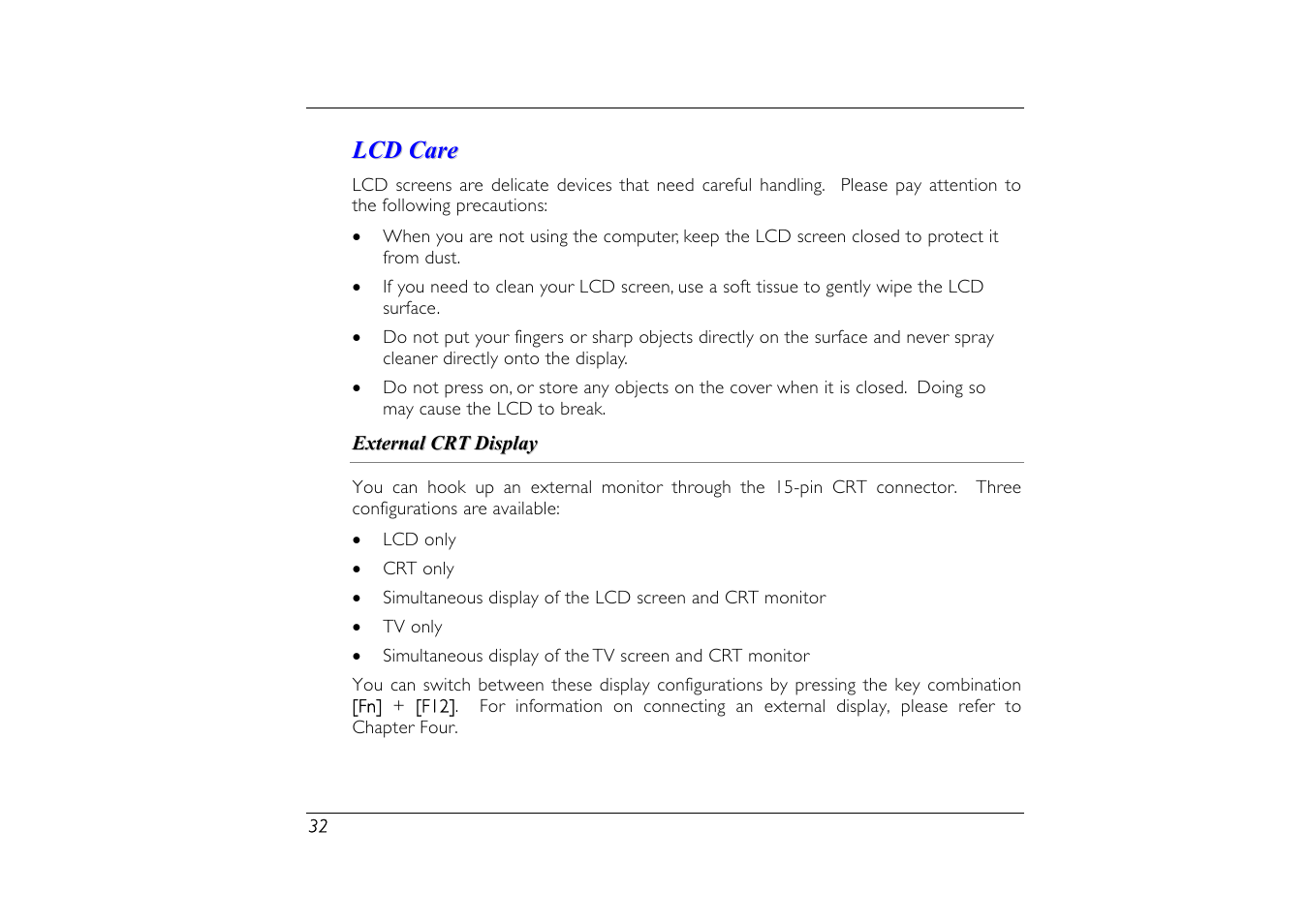 Lcd care, External crt display | Elitegroup G556/556E User Manual | Page 40 / 95