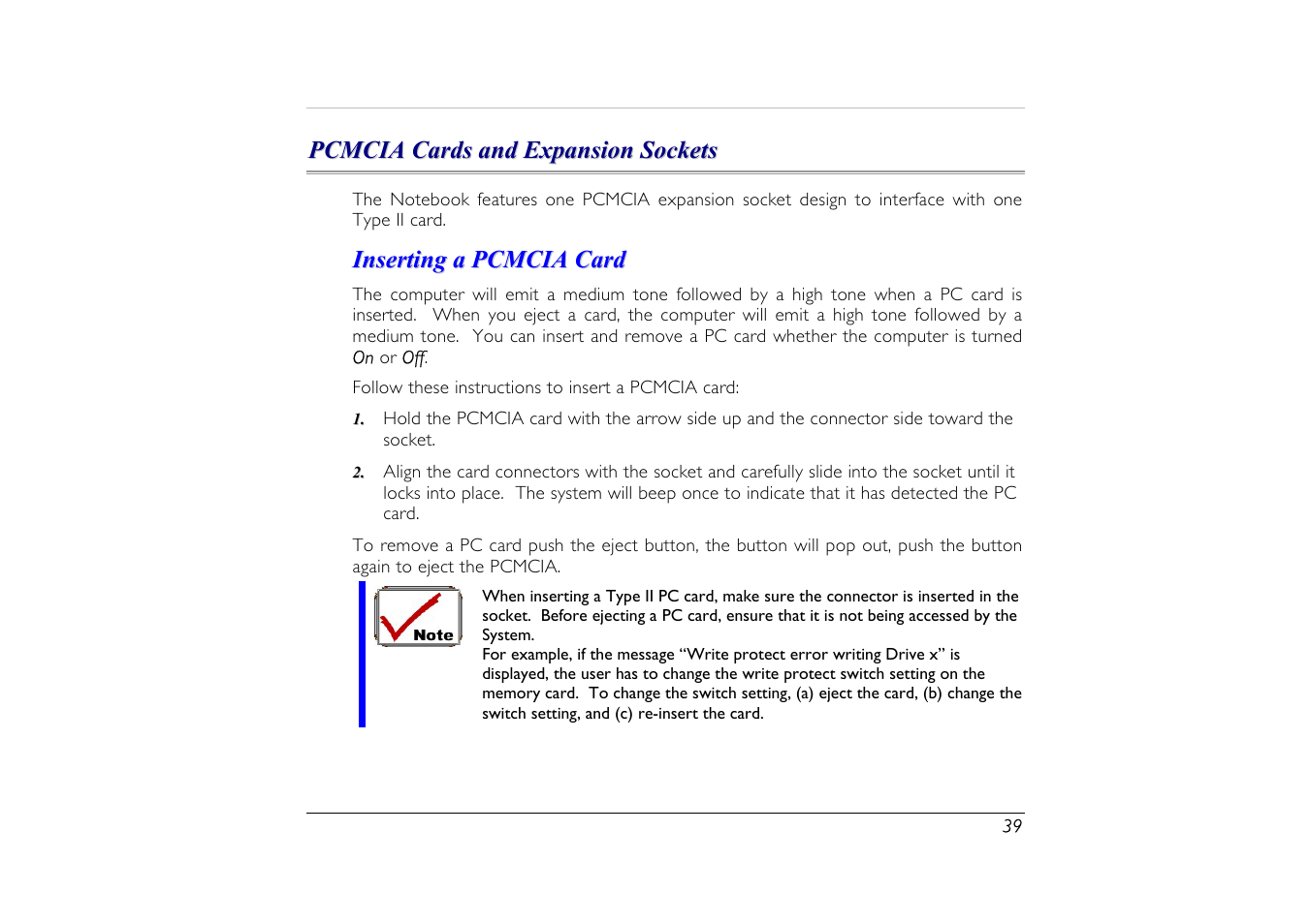 Pcmcia cards and expansion sockets, Inserting a pcmcia card | Elitegroup G556/556E User Manual | Page 47 / 95