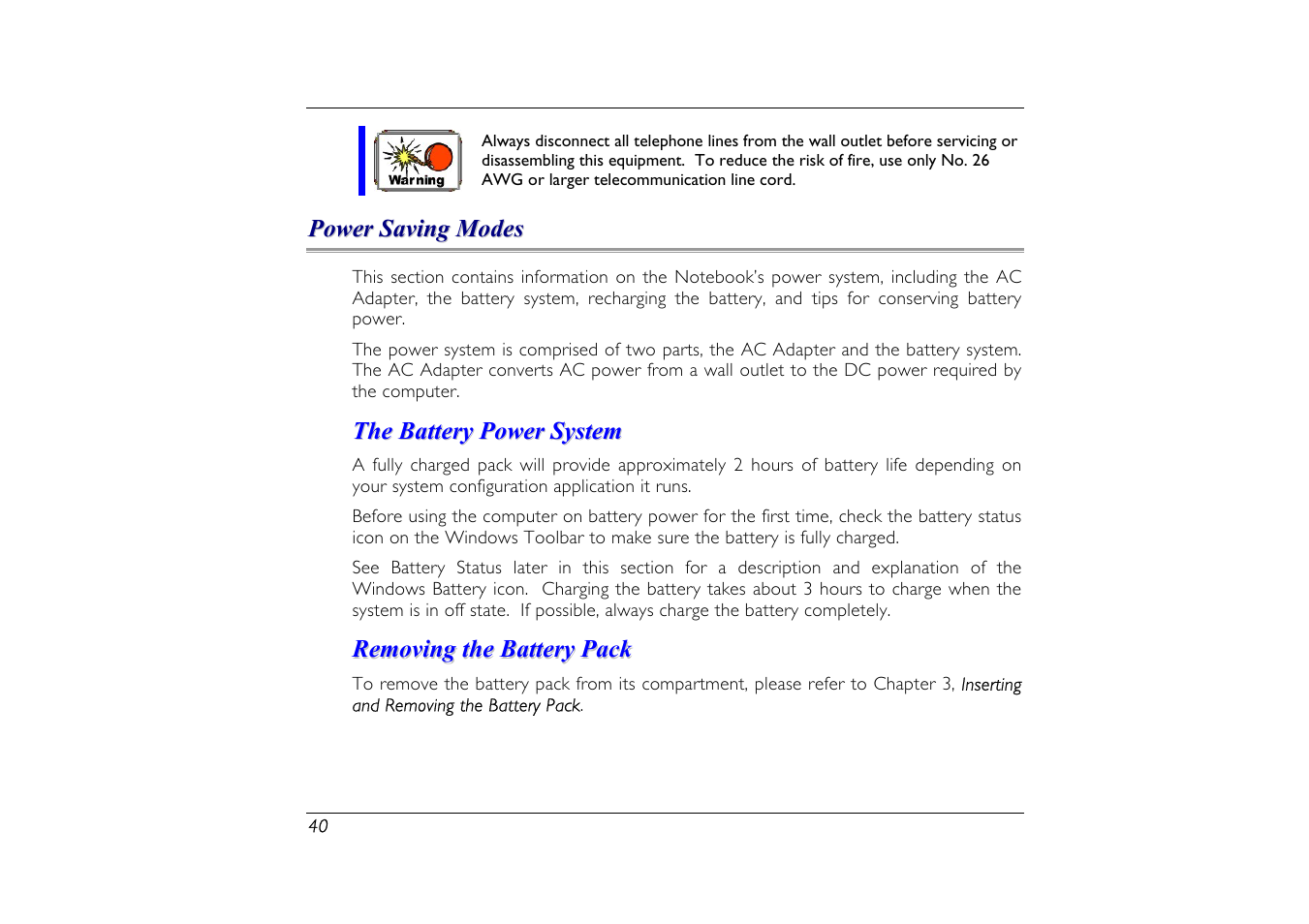 Power saving modes, The battery power system, Removing the battery pack | Elitegroup G556/556E User Manual | Page 48 / 95