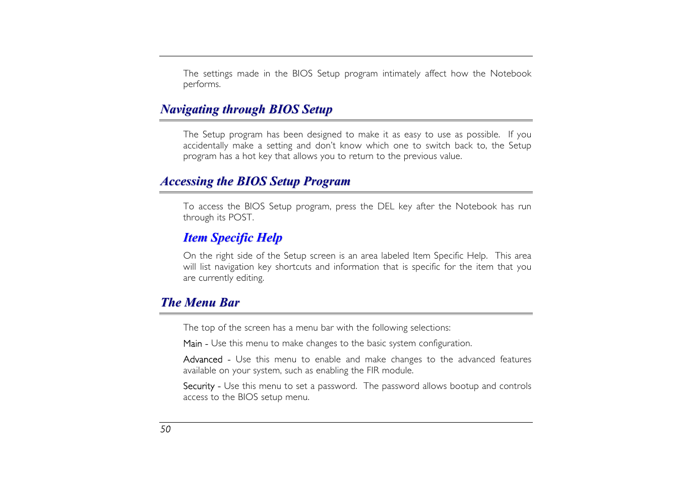 Navigating through bios setup, Accessing the bios setup program, Item specific help | The menu bar | Elitegroup G556/556E User Manual | Page 58 / 95