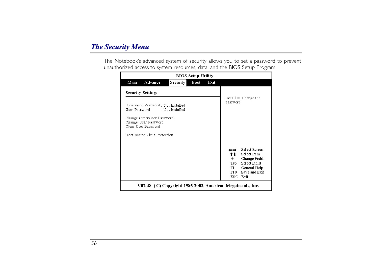 The security menu | Elitegroup G556/556E User Manual | Page 64 / 95