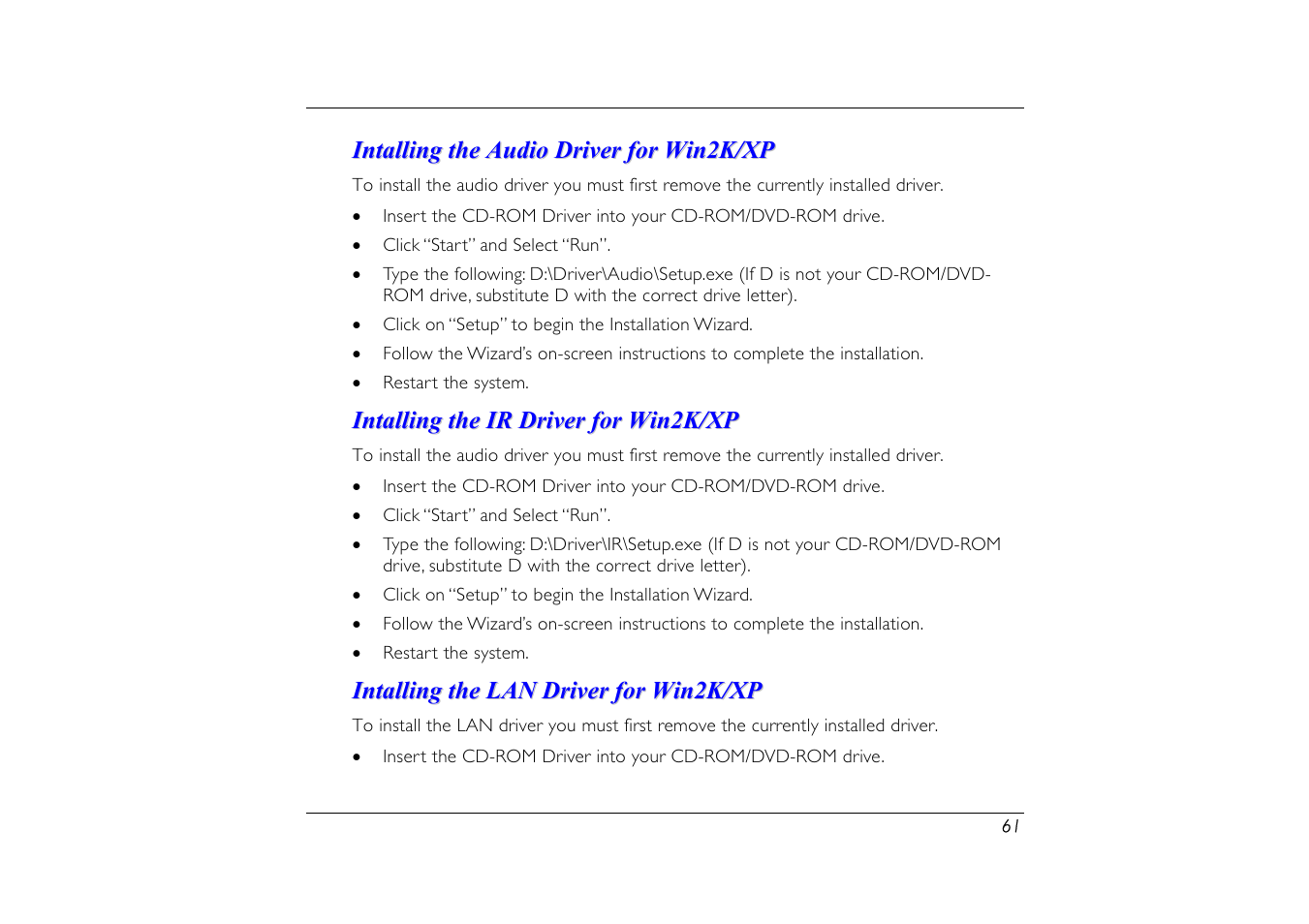 Intalling the audio driver for win2k/xp, Intalling the ir driver for win2k/xp, Intalling the lan driver for win2k/xp | Elitegroup G556/556E User Manual | Page 69 / 95