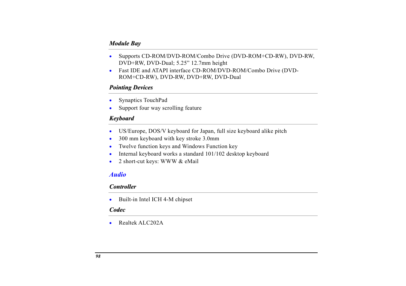 Module bay, Pointing devices, Keyboard | Audio, Controller, Codec | Elitegroup G553 User Manual | Page 100 / 104