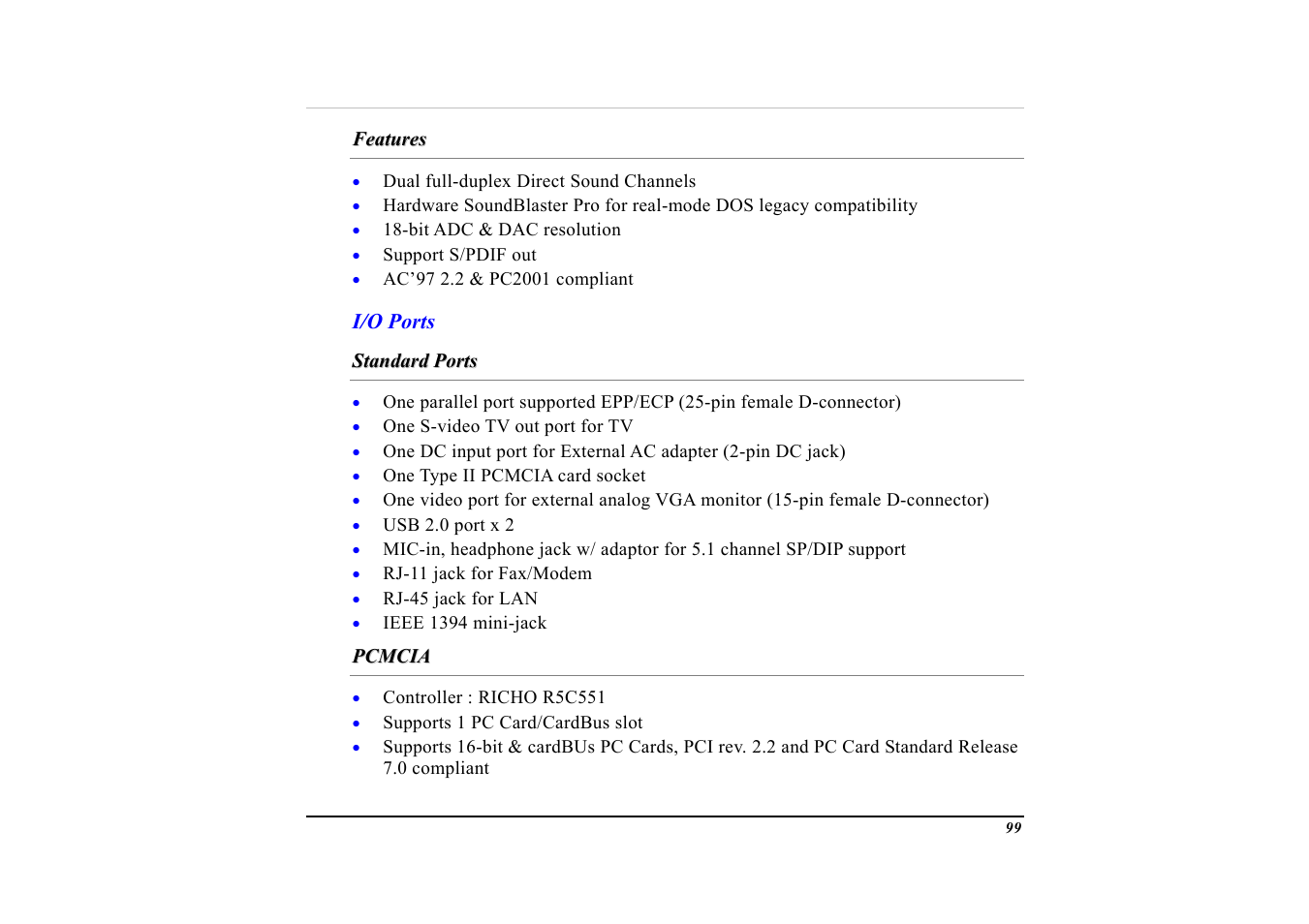 Features, I/o ports, Standard ports | Pcmcia | Elitegroup G553 User Manual | Page 101 / 104