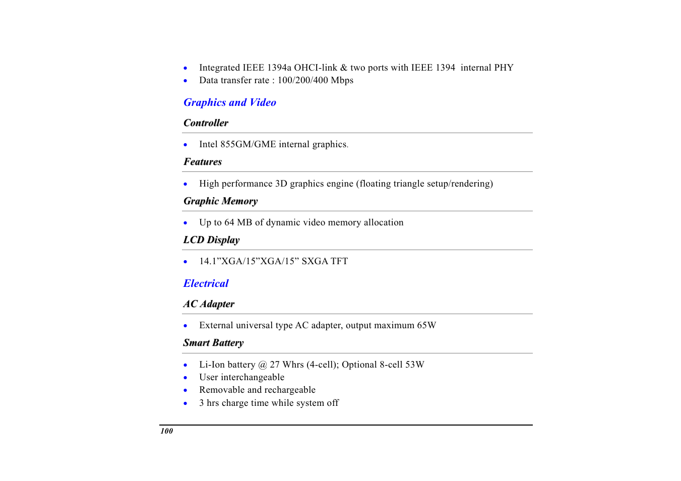Graphics and video, Controller, Features | Graphic memory, Lcd display, Electrical, Ac adapter, Smart battery | Elitegroup G553 User Manual | Page 102 / 104