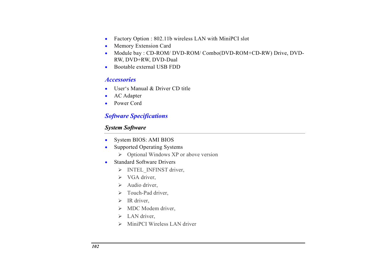 Accessories, Software specifications, System software | Elitegroup G553 User Manual | Page 104 / 104