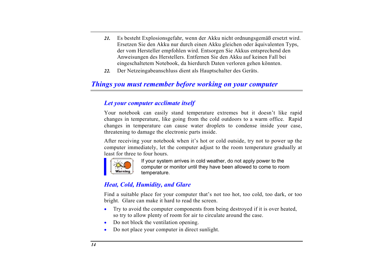 Let your computer acclimate itself, Heat, cold, humidity, and glare | Elitegroup G553 User Manual | Page 16 / 104