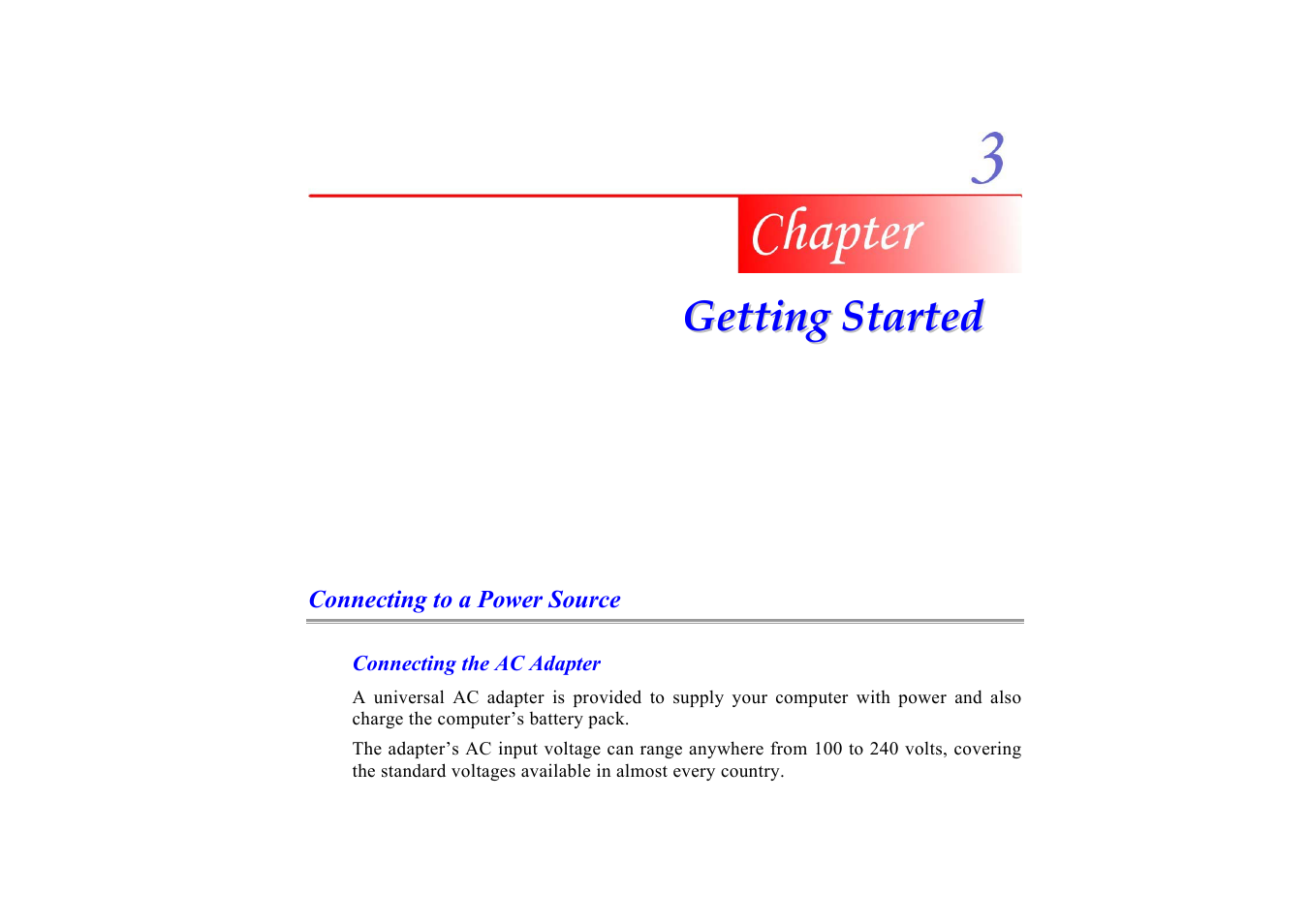 Connecting to a power source, Connecting the ac adapter, Chapter 3: getting started | Elitegroup G553 User Manual | Page 33 / 104