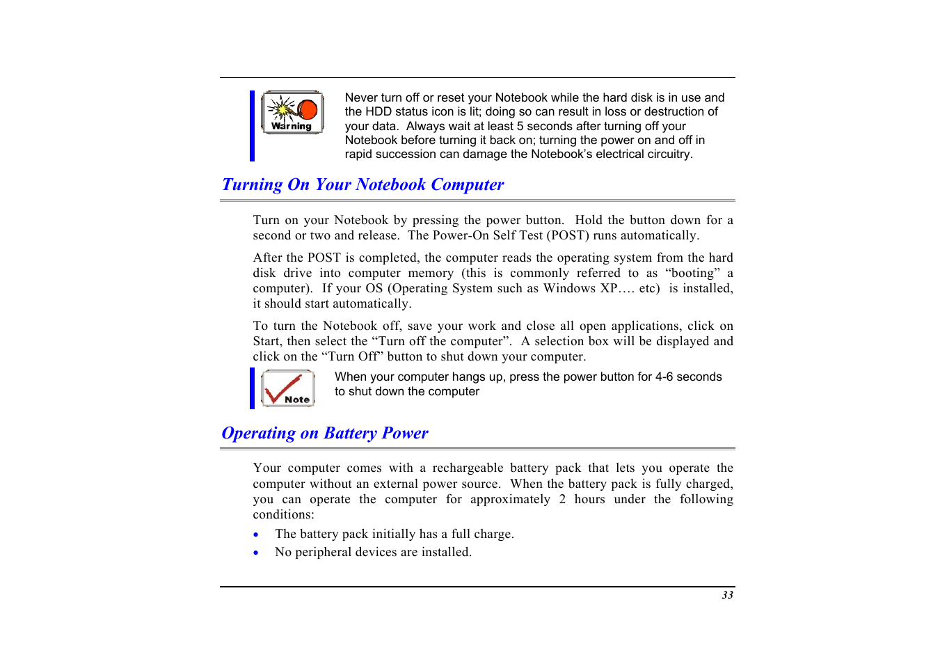 Turning on your notebook computer, Operating on battery power | Elitegroup G553 User Manual | Page 35 / 104