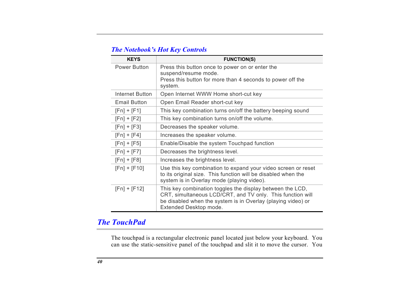 The notebook’s hot key controls, The touchpad | Elitegroup G553 User Manual | Page 42 / 104