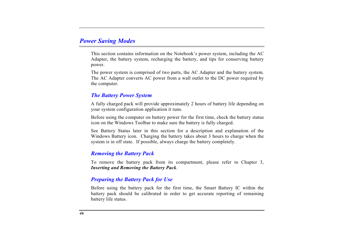 Power saving modes, The battery power system, Removing the battery pack | Preparing the battery pack for use | Elitegroup G553 User Manual | Page 48 / 104