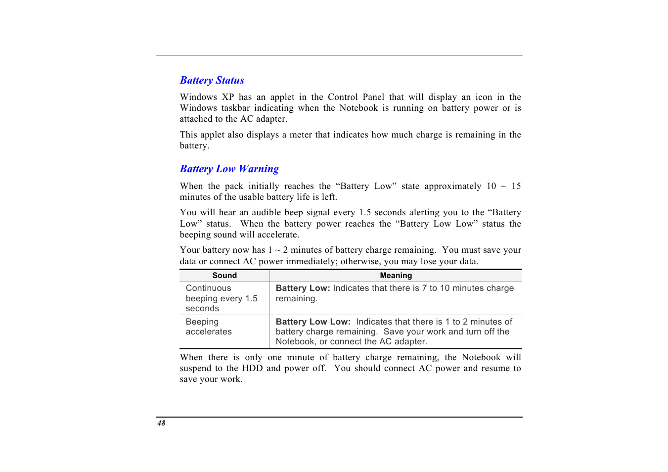 Battery status, Battery low warning | Elitegroup G553 User Manual | Page 50 / 104