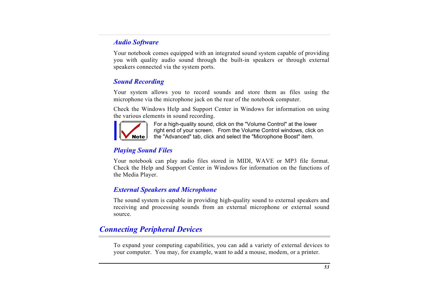 Audio software, Sound recording, Playing sound files | External speakers and microphone, Connecting peripheral devices | Elitegroup G553 User Manual | Page 55 / 104