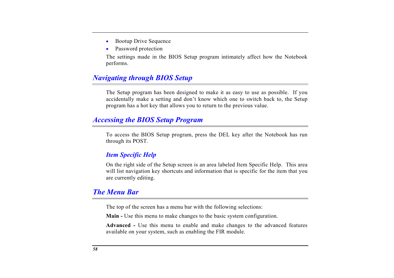 Navigating through bios setup, Accessing the bios setup program, Item specific help | The menu bar | Elitegroup G553 User Manual | Page 60 / 104