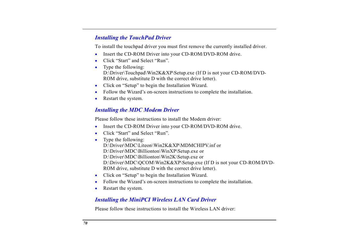 Installing the touchpad driver, Installing the mdc modem driver, Installing the minipci wireless lan card driver | Elitegroup G553 User Manual | Page 72 / 104