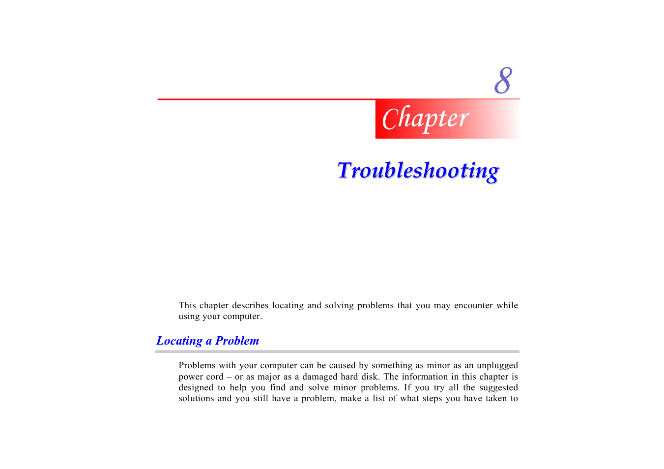 Locating a problem, Chapter 8: troubleshooting | Elitegroup G553 User Manual | Page 84 / 104