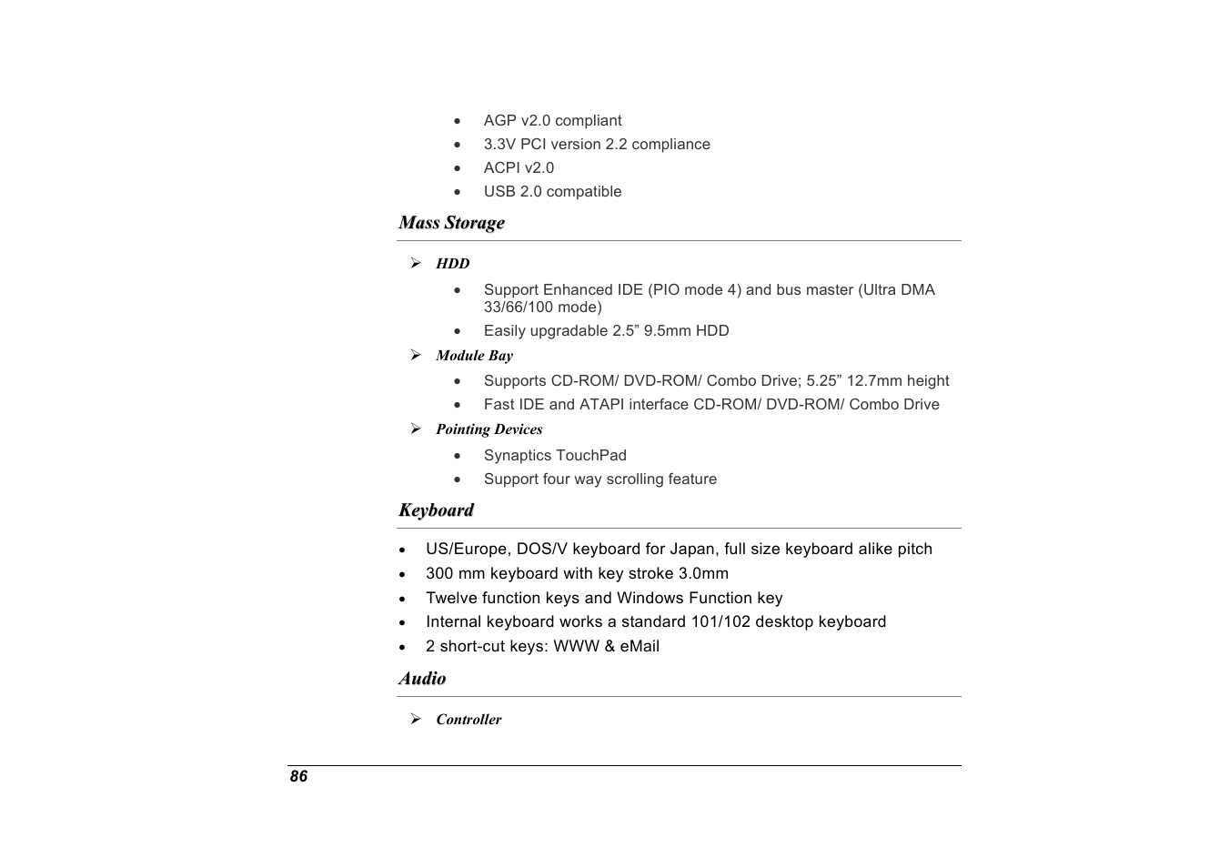 Mass storage, Module bay, Pointing devices | Keyboard, Audio, Controller | Elitegroup G551 User Manual | Page 100 / 105