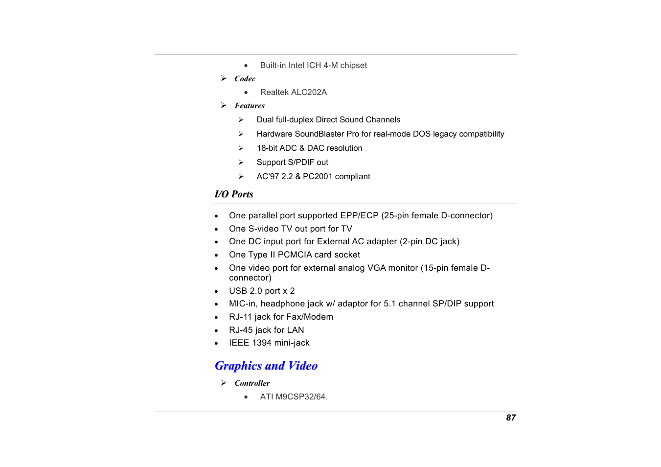 Codec, Features, I/o ports | Graphics and video, Controller | Elitegroup G551 User Manual | Page 101 / 105