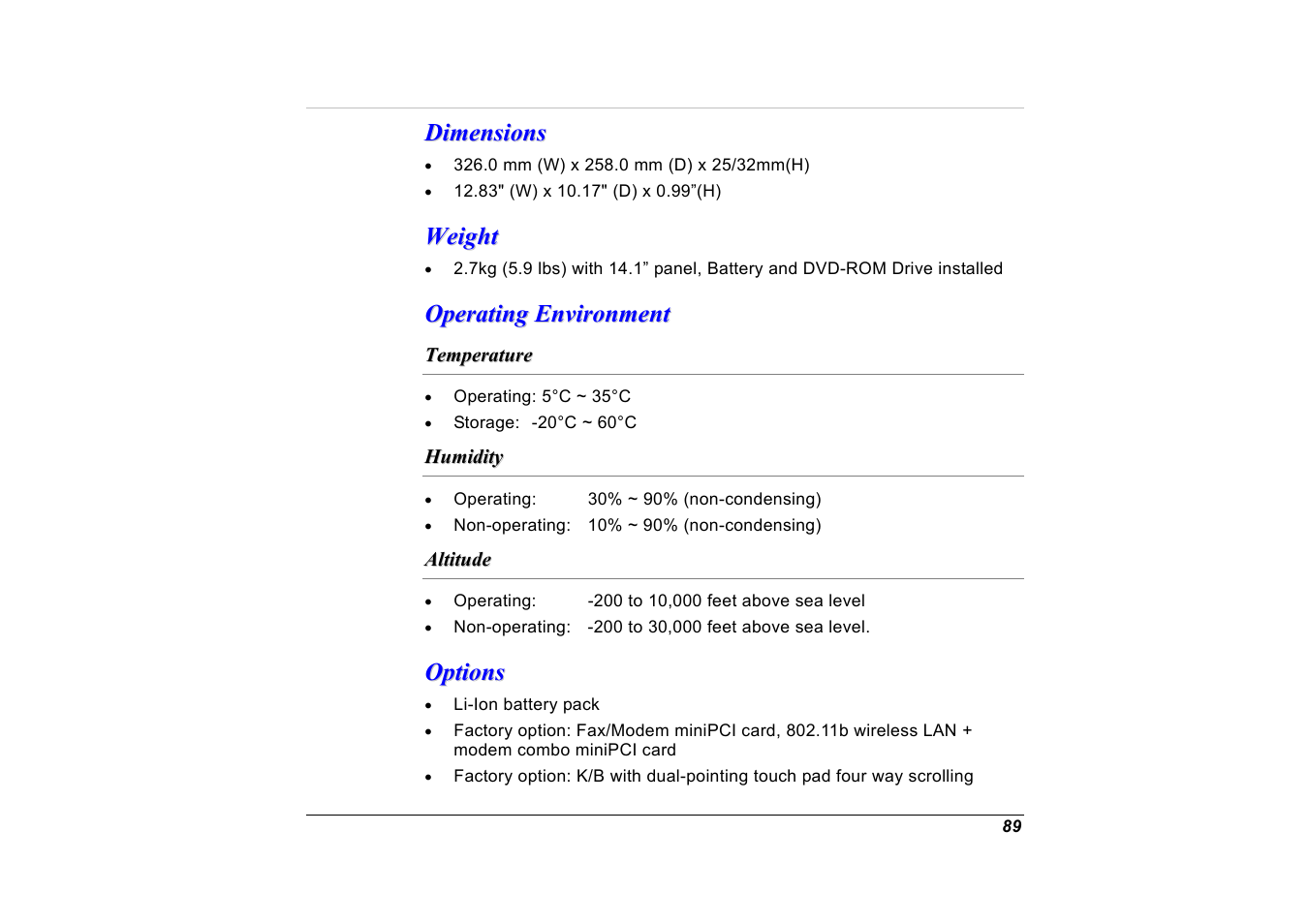Dimensions, Weight, Operating environment | Temperature, Humidity, Altitude, Options | Elitegroup G551 User Manual | Page 103 / 105