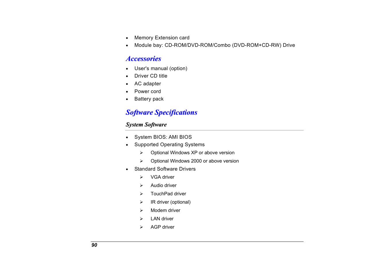 Accessories, Software specifications, System software | Elitegroup G551 User Manual | Page 104 / 105