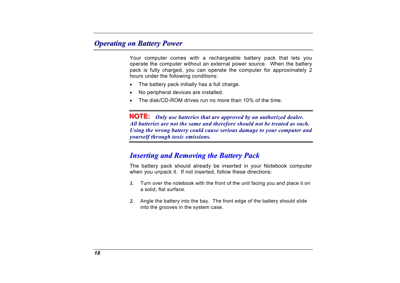 Operating on battery power, Inserting and removing the battery pack | Elitegroup G551 User Manual | Page 32 / 105