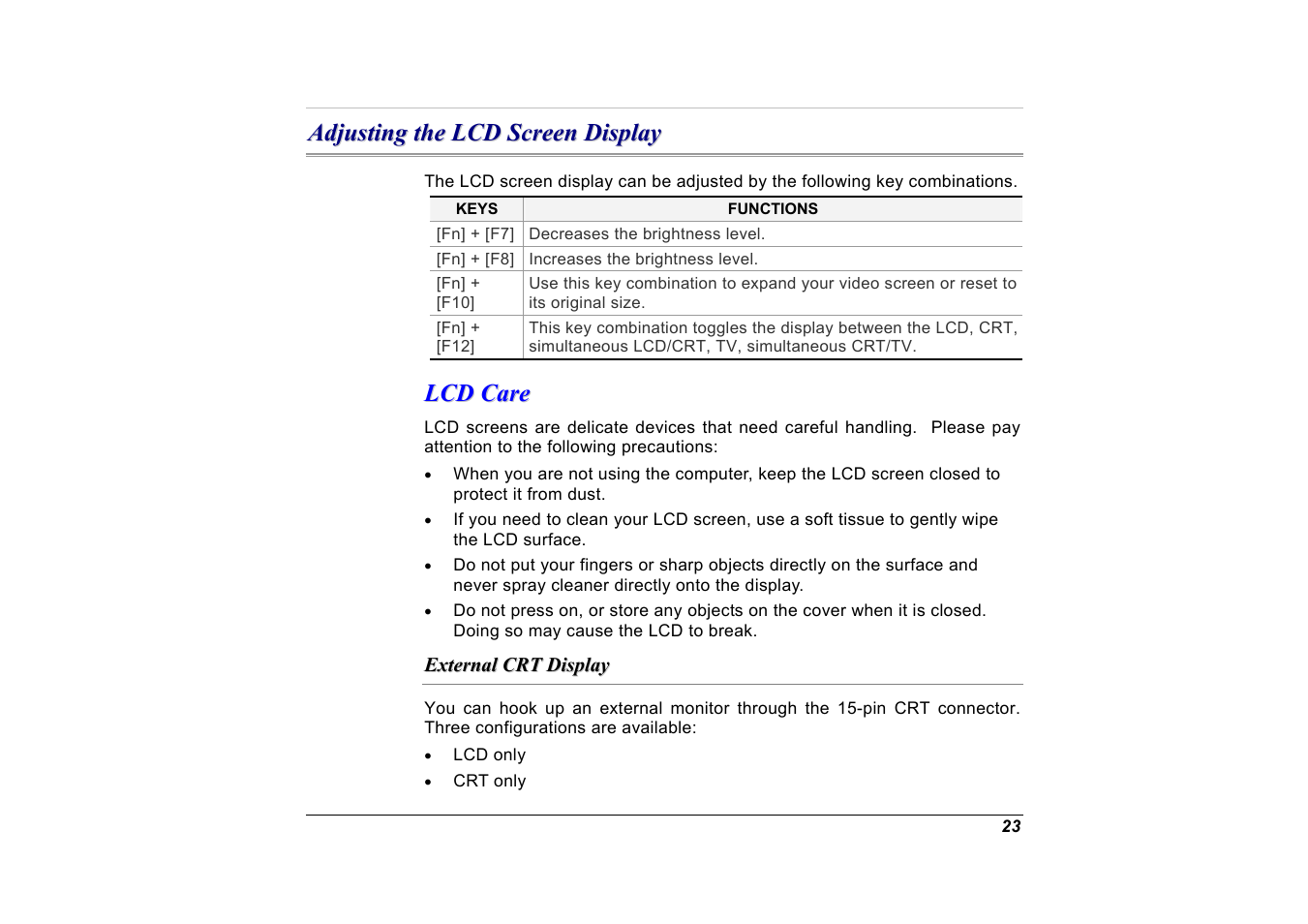 Adjusting the lcd screen display, Lcd care, External crt display | Elitegroup G551 User Manual | Page 37 / 105