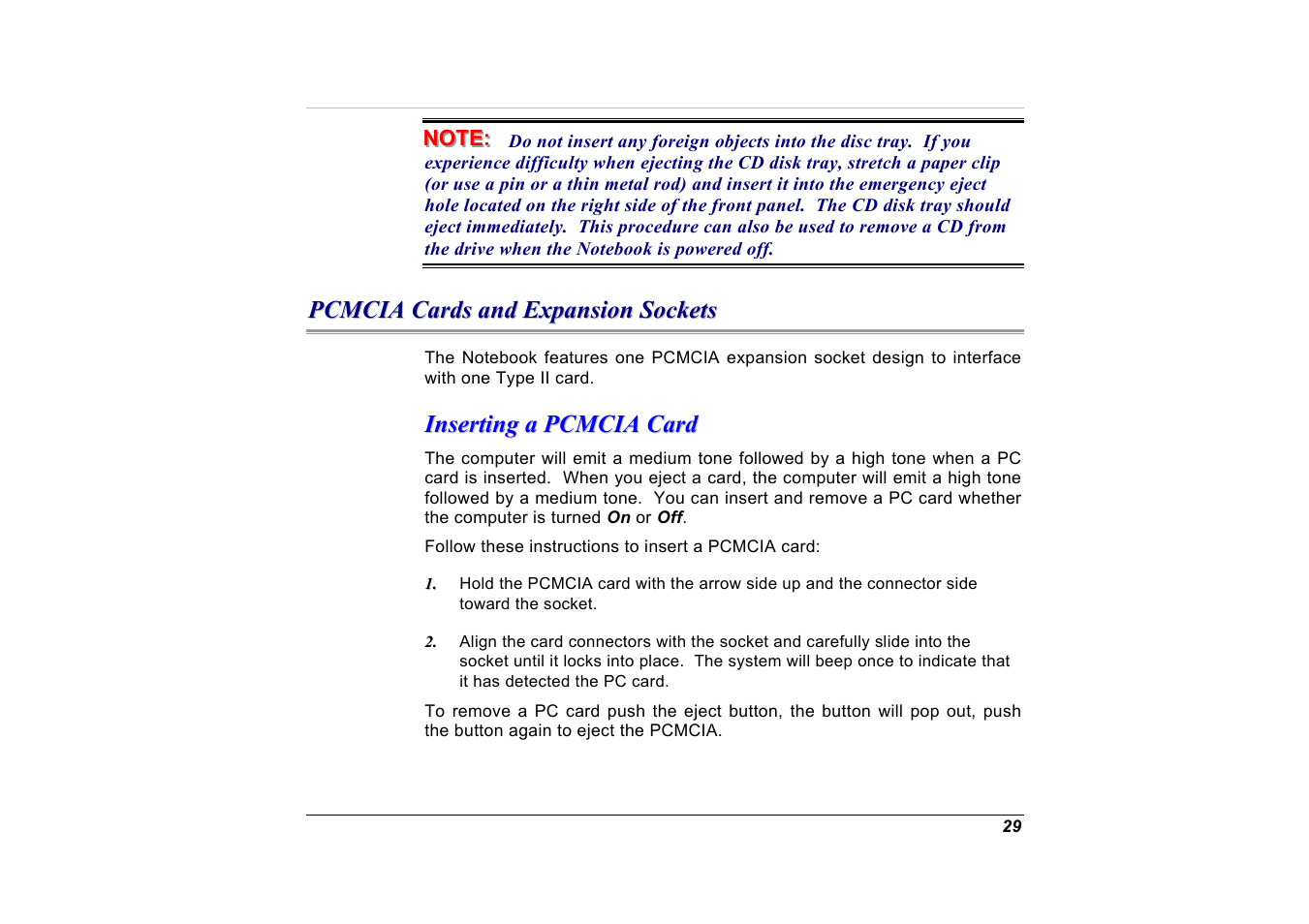 Pcmcia cards and expansion sockets, Inserting a pcmcia card | Elitegroup G551 User Manual | Page 43 / 105