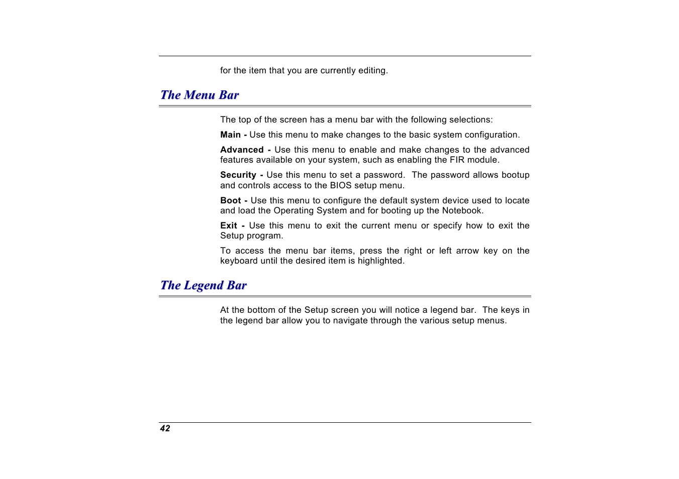 The menu bar, The legend bar | Elitegroup G551 User Manual | Page 56 / 105