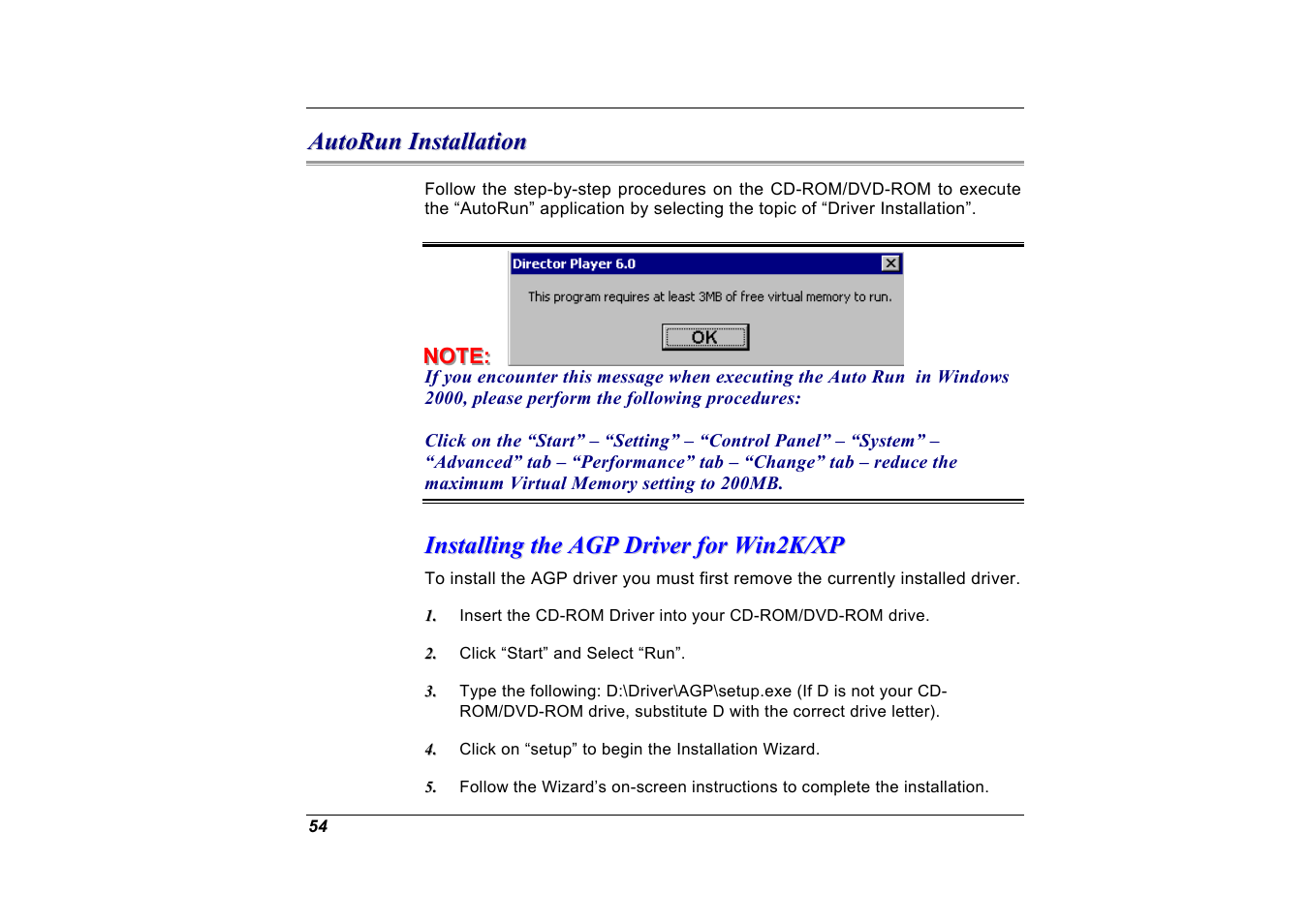 Autorun installation, Installing the agp driver for win2k/xp | Elitegroup G551 User Manual | Page 68 / 105