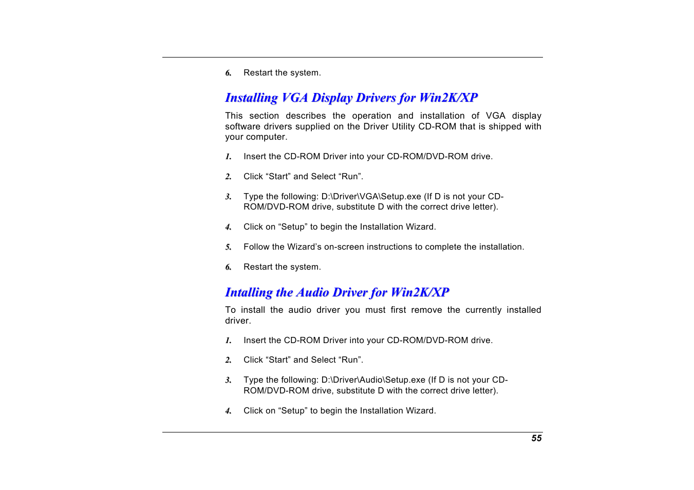 Installing vga display drivers for win2k/xp, Intalling the audio driver for win2k/xp | Elitegroup G551 User Manual | Page 69 / 105