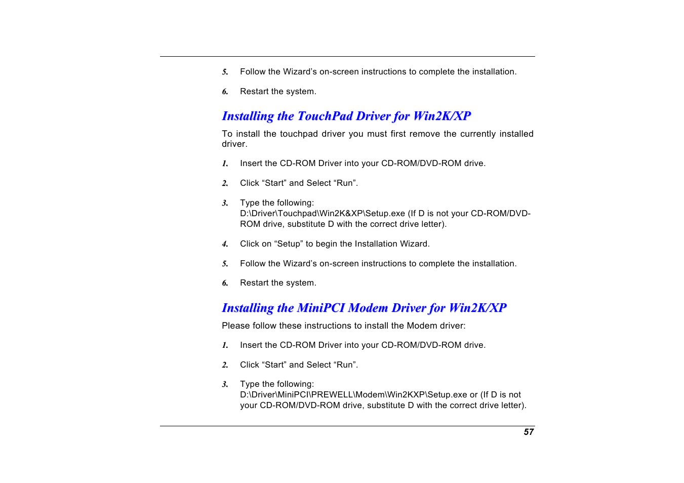 Installing the touchpad driver for win2k/xp, Installing the minipci modem driver for win2k/xp | Elitegroup G551 User Manual | Page 71 / 105
