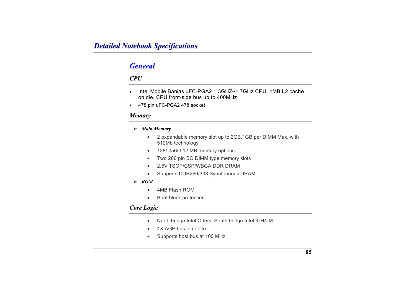 Detailed notebook specifications, General, Memory | Main memory, Core logic | Elitegroup G551 User Manual | Page 99 / 105