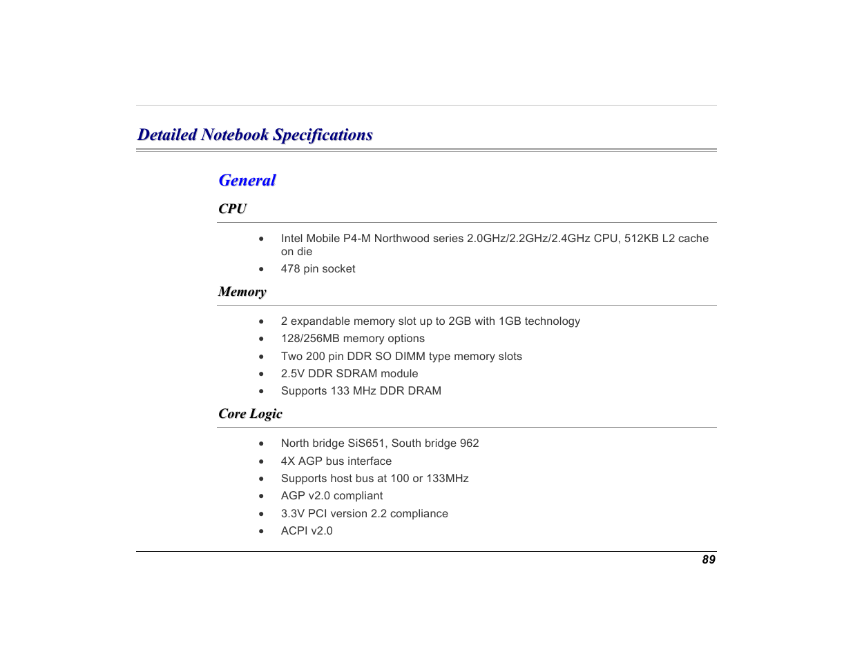 Detailed notebook specifications, General, Memory | Core logic | Elitegroup G550 (V1.0) User Manual | Page 101 / 106