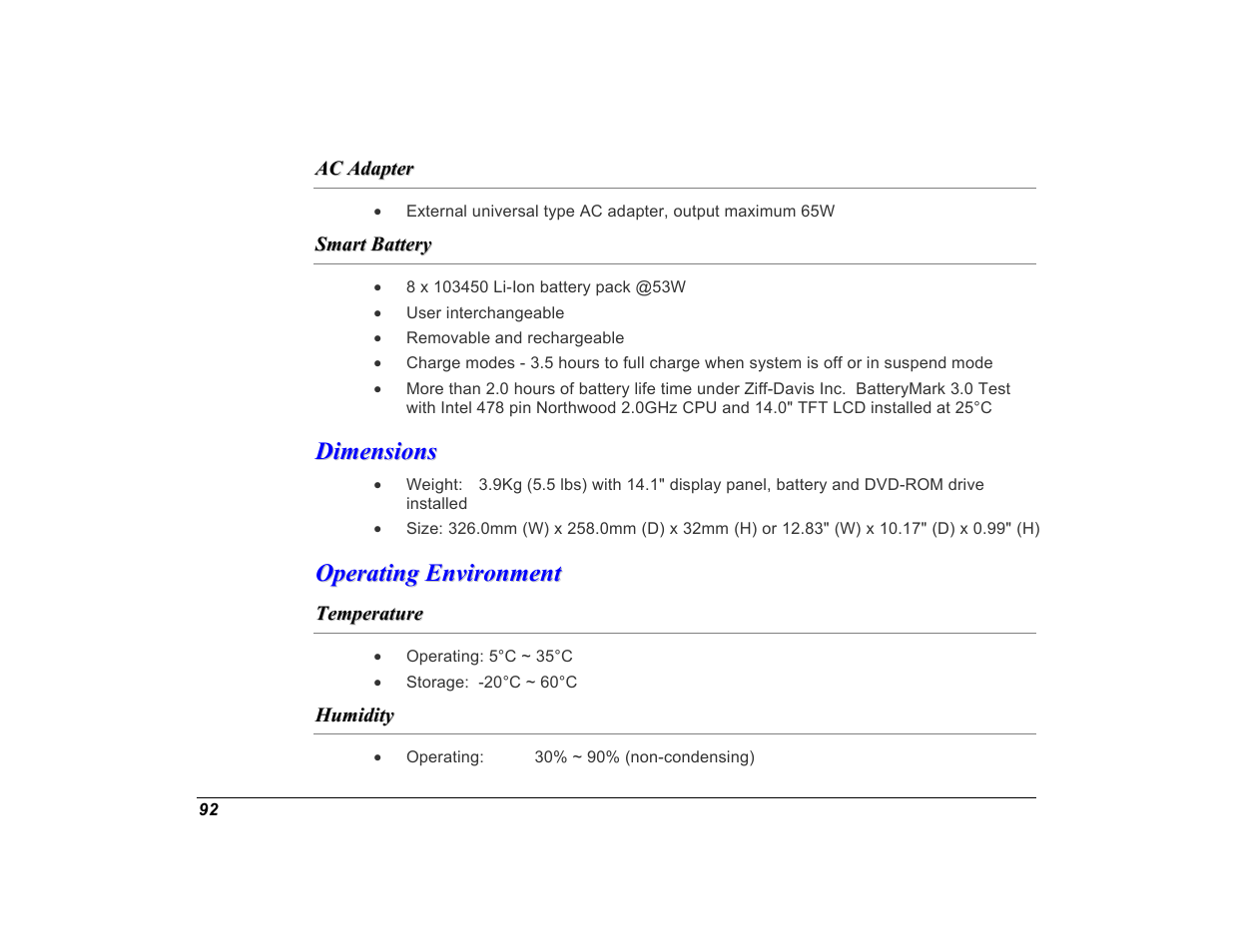 Ac adapter, Smart battery, Dimensions | Operating environment, Temperature, Humidity | Elitegroup G550 (V1.0) User Manual | Page 104 / 106