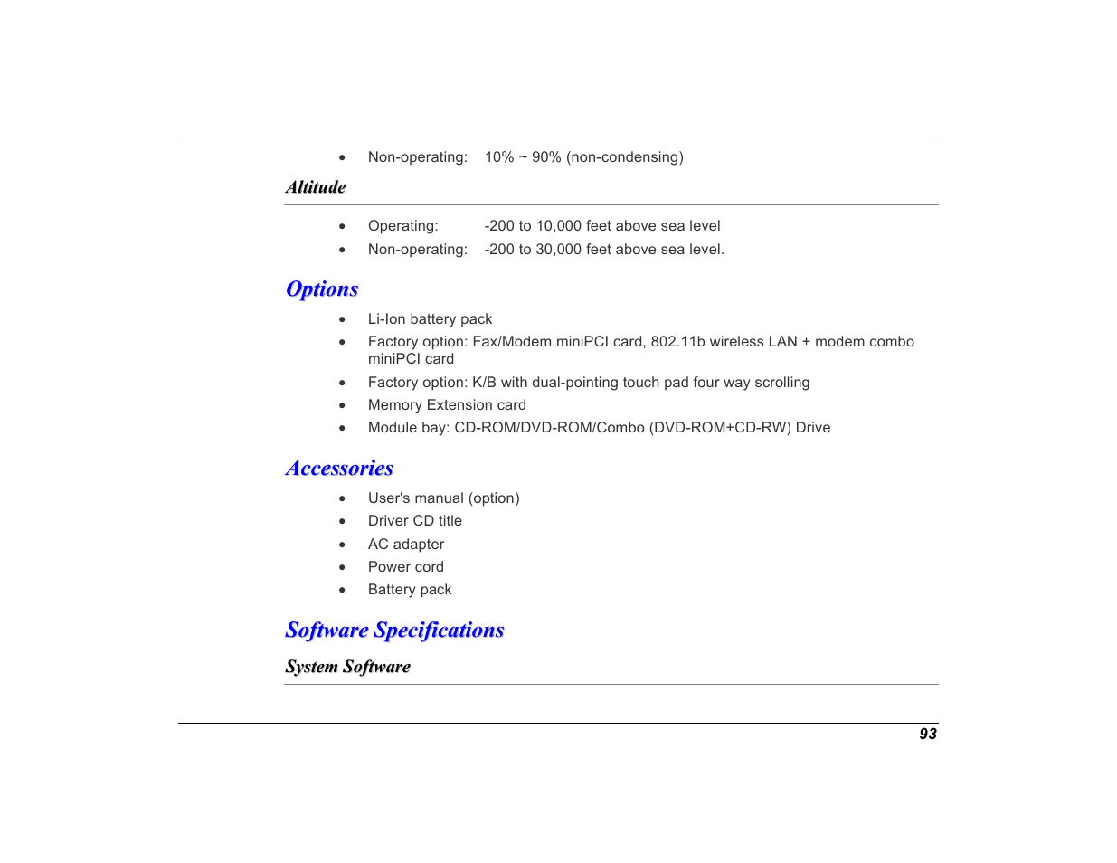 Altitude, Options, Accessories | Software specifications, System software | Elitegroup G550 (V1.0) User Manual | Page 105 / 106