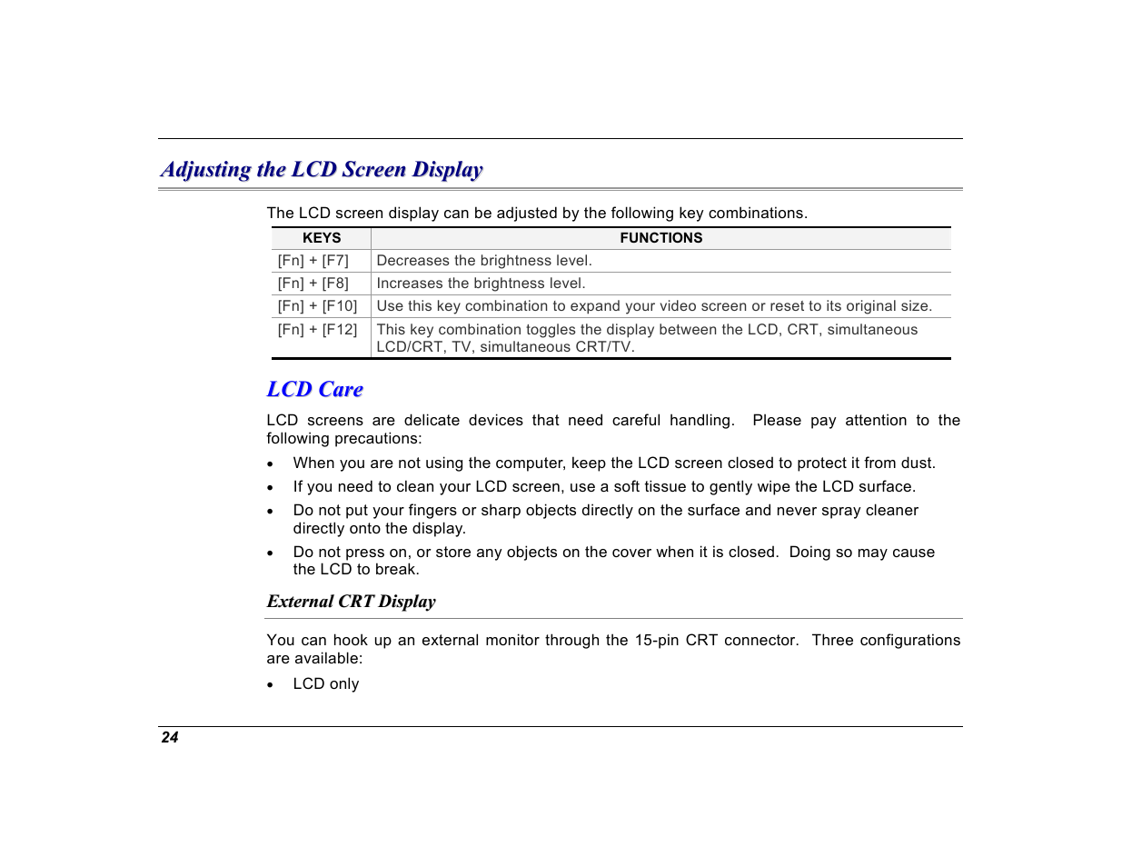Adjusting the lcd screen display, Lcd care, External crt display | Elitegroup G550 (V1.0) User Manual | Page 36 / 106