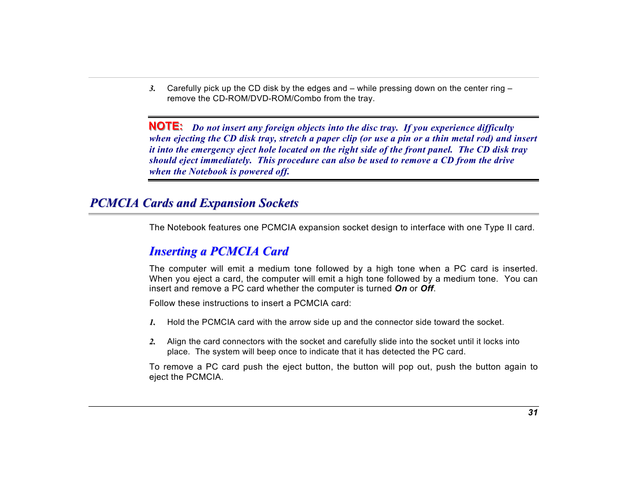 Pcmcia cards and expansion sockets, Inserting a pcmcia card | Elitegroup G550 (V1.0) User Manual | Page 43 / 106