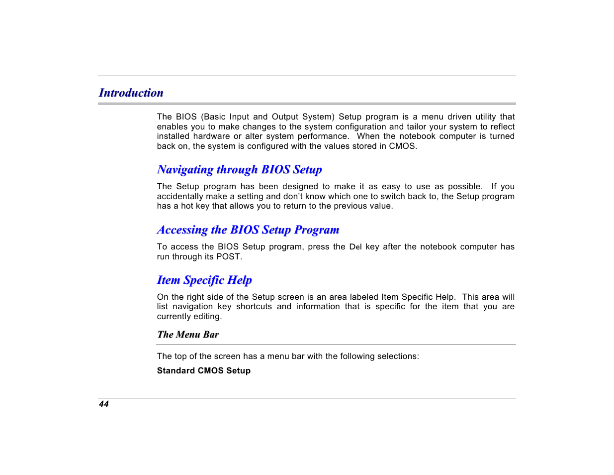 Introduction, Navigating through bios setup, Accessing the bios setup program | Item specific help, The menu bar | Elitegroup G550 (V1.0) User Manual | Page 56 / 106