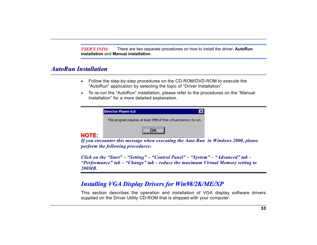 Autorun installation, Installing vga display drivers for win98/2k/me/xp | Elitegroup G550 (V1.0) User Manual | Page 67 / 106