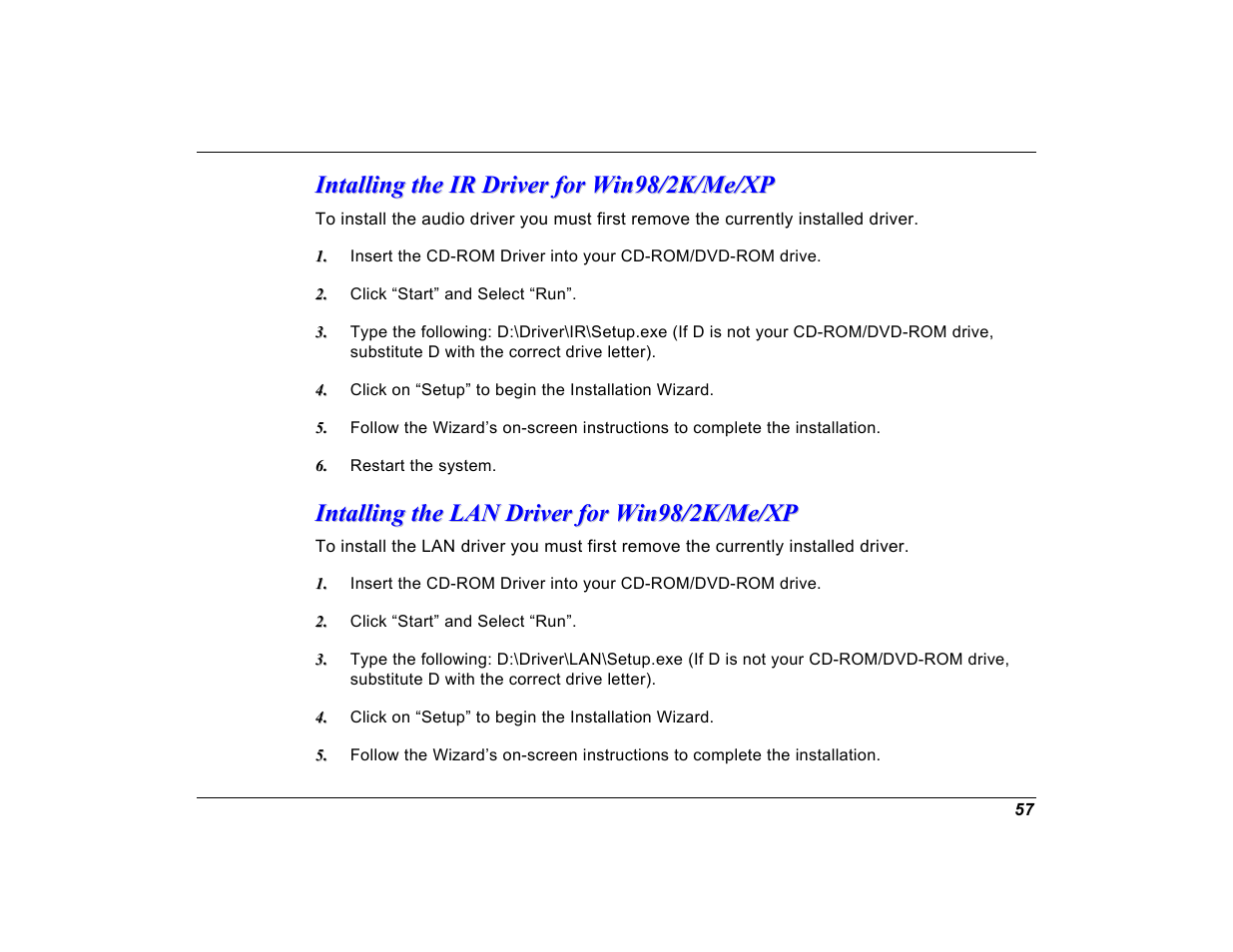 Intalling the ir driver for win98/2k/me/xp, Intalling the lan driver for win98/2k/me/xp | Elitegroup G550 (V1.0) User Manual | Page 69 / 106