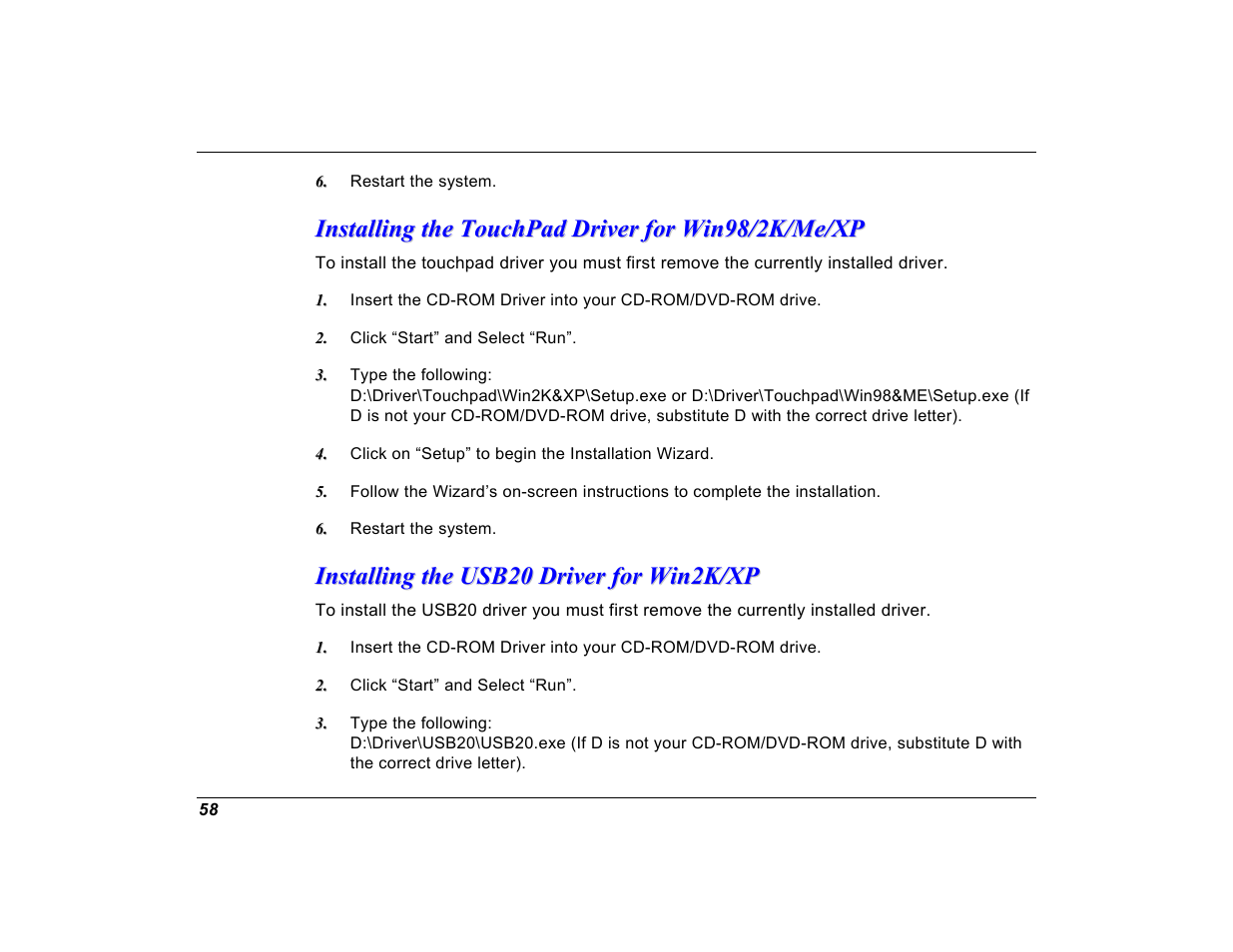 Installing the touchpad driver for win98/2k/me/xp, Installing the usb20 driver for win2k/xp | Elitegroup G550 (V1.0) User Manual | Page 70 / 106