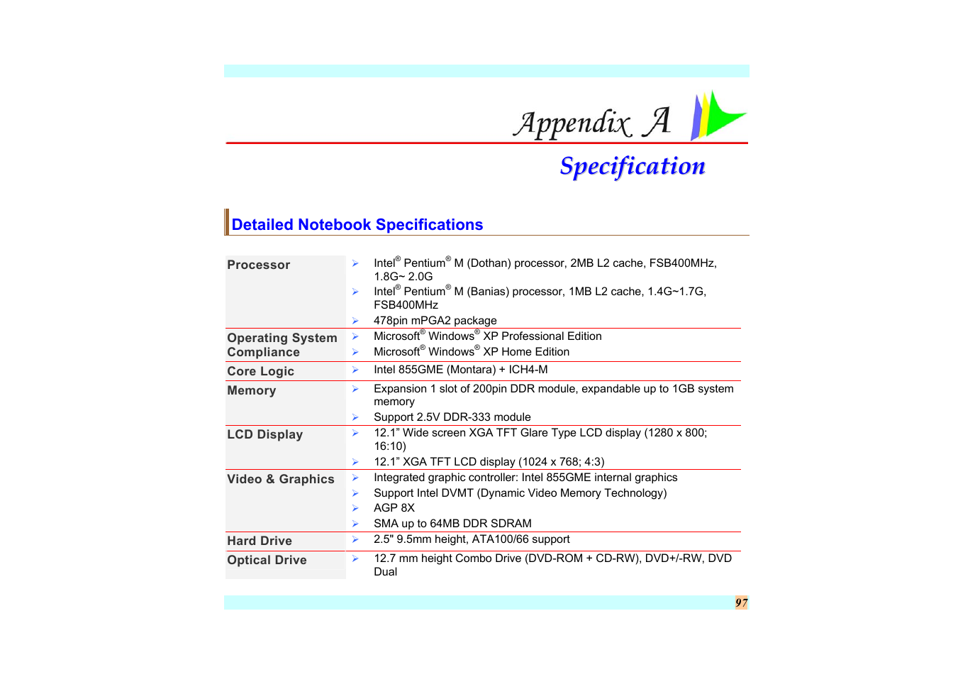 Detailed notebook specifications, Appendix a: specification | Elitegroup G220 User Manual User Manual | Page 105 / 107