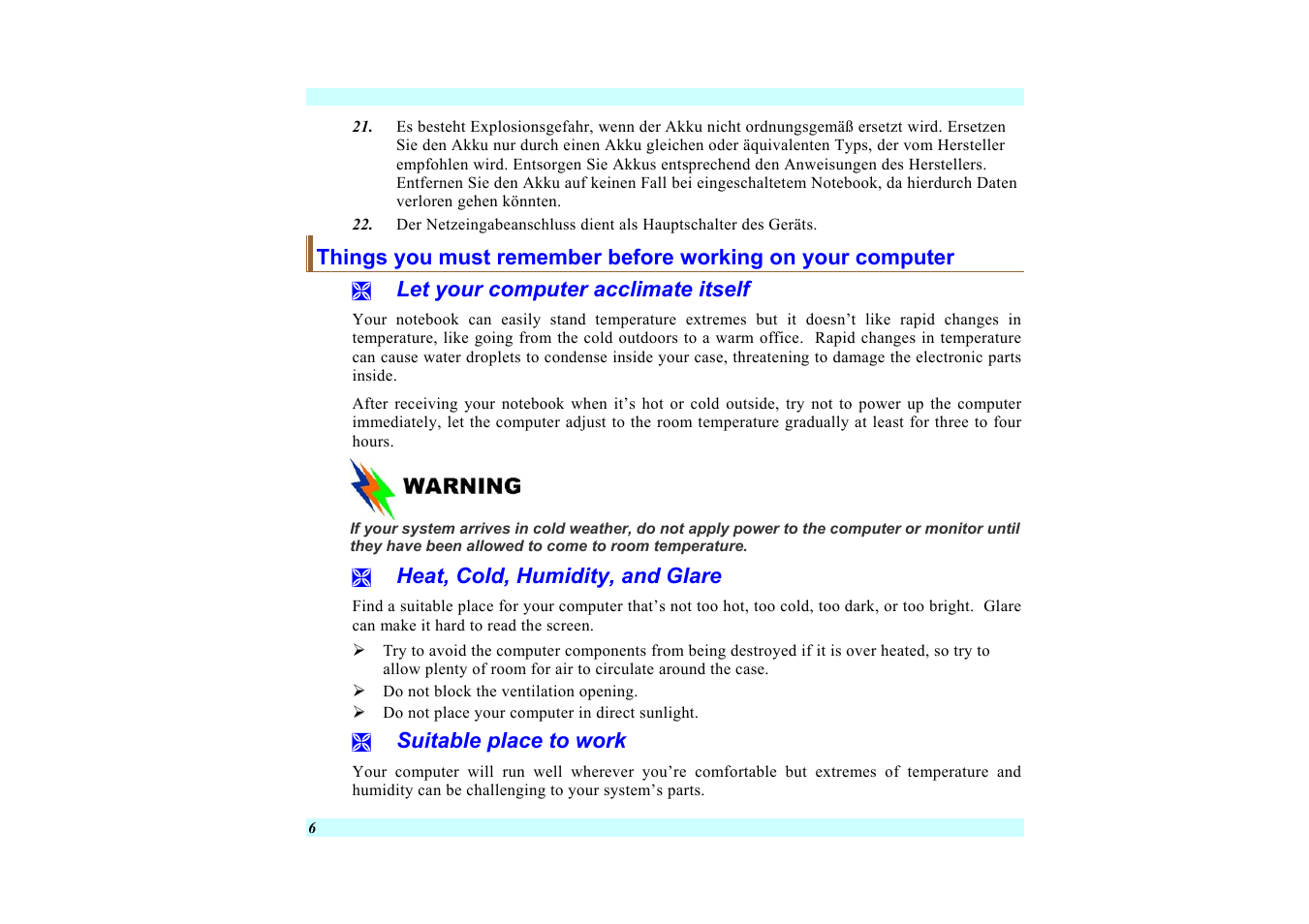 Let your computer acclimate itself, Heat, cold, humidity, and glare, Suitable place to work | Elitegroup G220 User Manual User Manual | Page 14 / 107