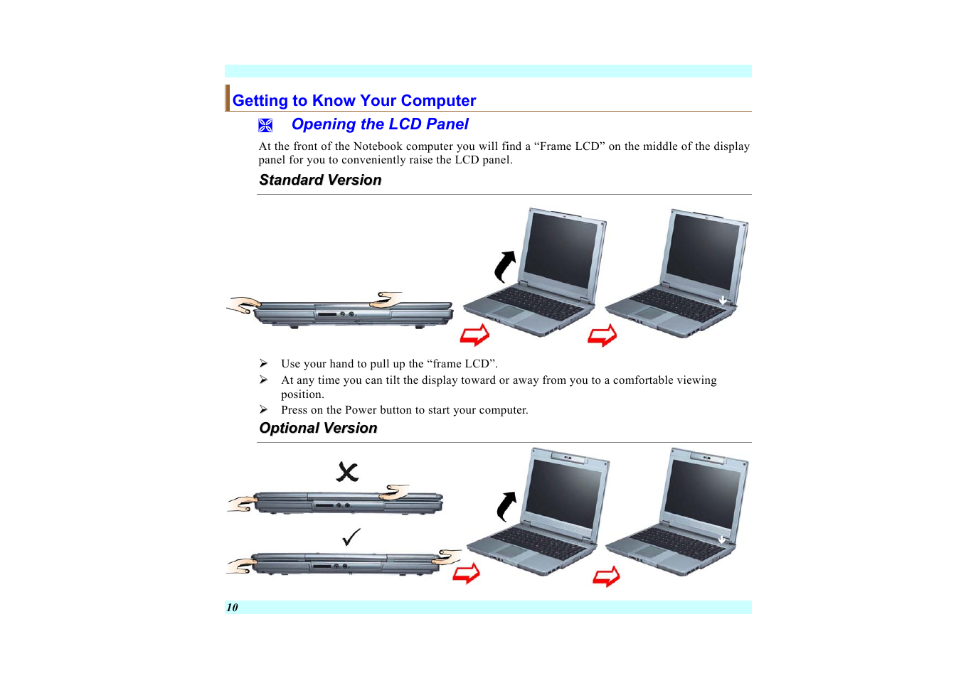 Getting to know your computer, Opening the lcd panel, Standard version | Optional version | Elitegroup G220 User Manual User Manual | Page 18 / 107
