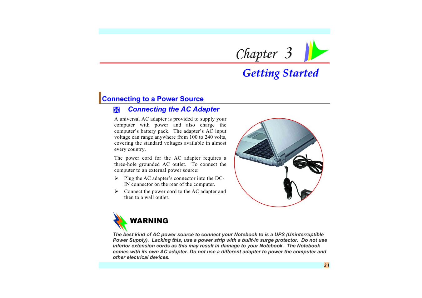 Connecting to a power source, Connecting the ac adapter, Chapter 3: getting started | Elitegroup G220 User Manual User Manual | Page 31 / 107