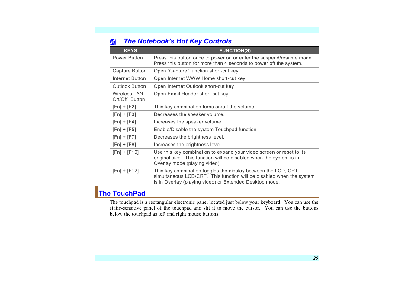 The notebook’s hot key controls, The touchpad | Elitegroup G220 User Manual User Manual | Page 37 / 107