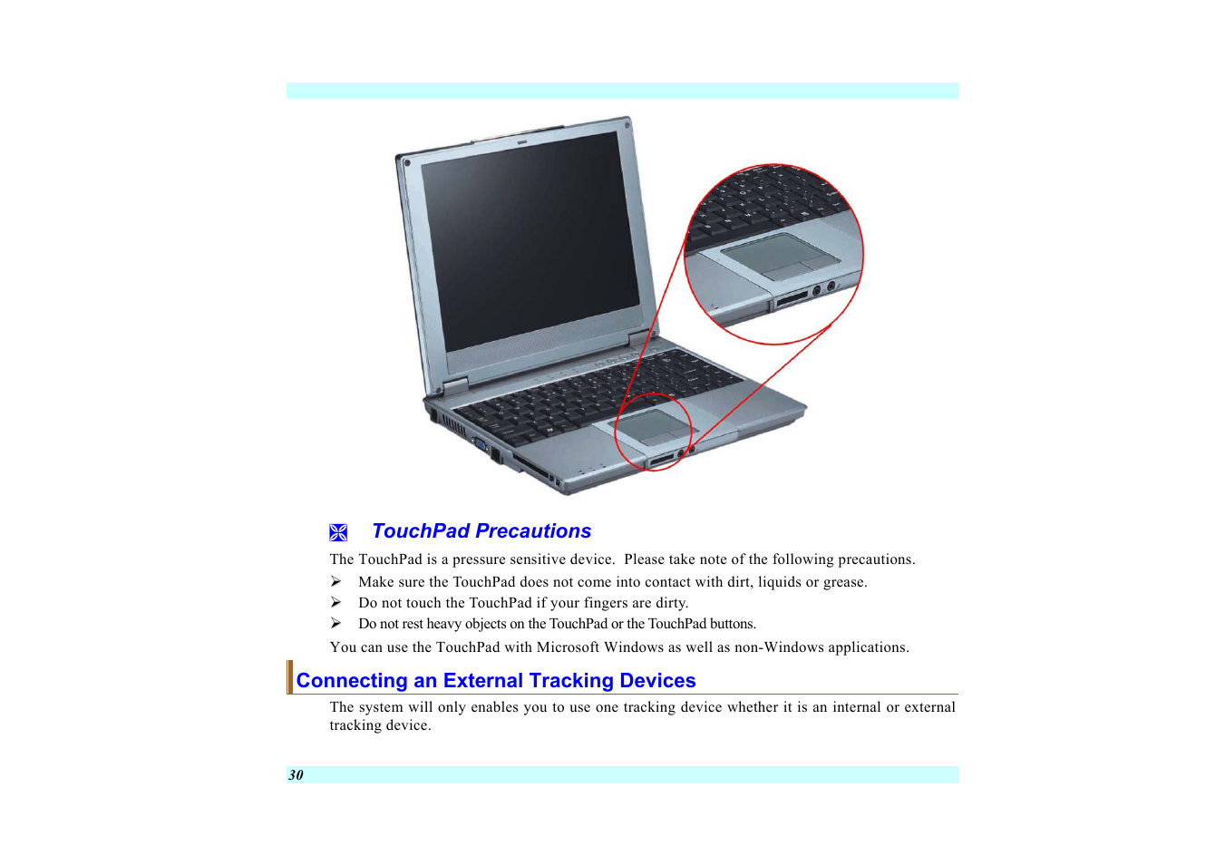 Touchpad precautions, Connecting an external tracking devices | Elitegroup G220 User Manual User Manual | Page 38 / 107